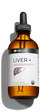 Blisque LIVER+ bottle label shows organic packaging and herbal detox support.