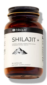 Blisque Shilajit capsules bottle front view for daily vitality and focus.
