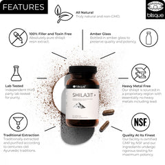 Blisque Shilajit capsules close-up showing purity and potential natural energy support.