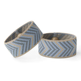 Blisslets acupressure band Cartagena blue-camel closeup for discreet, comfortable travel wear.