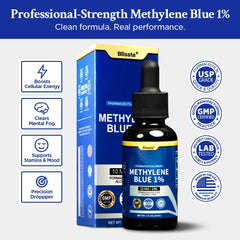 Blissta Methylene Blue 1% bottle label highlights USP-grade purity and safety.