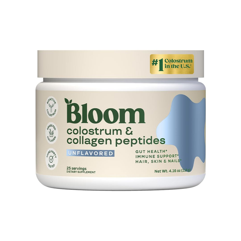Bloom Nutrition bovine colostrum powder bottle pour showing potential gut health and immune support