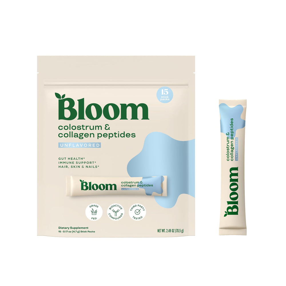 Bloom Nutrition bovine colostrum powder front pack showing gluten-free unflavored supplement for gut health.