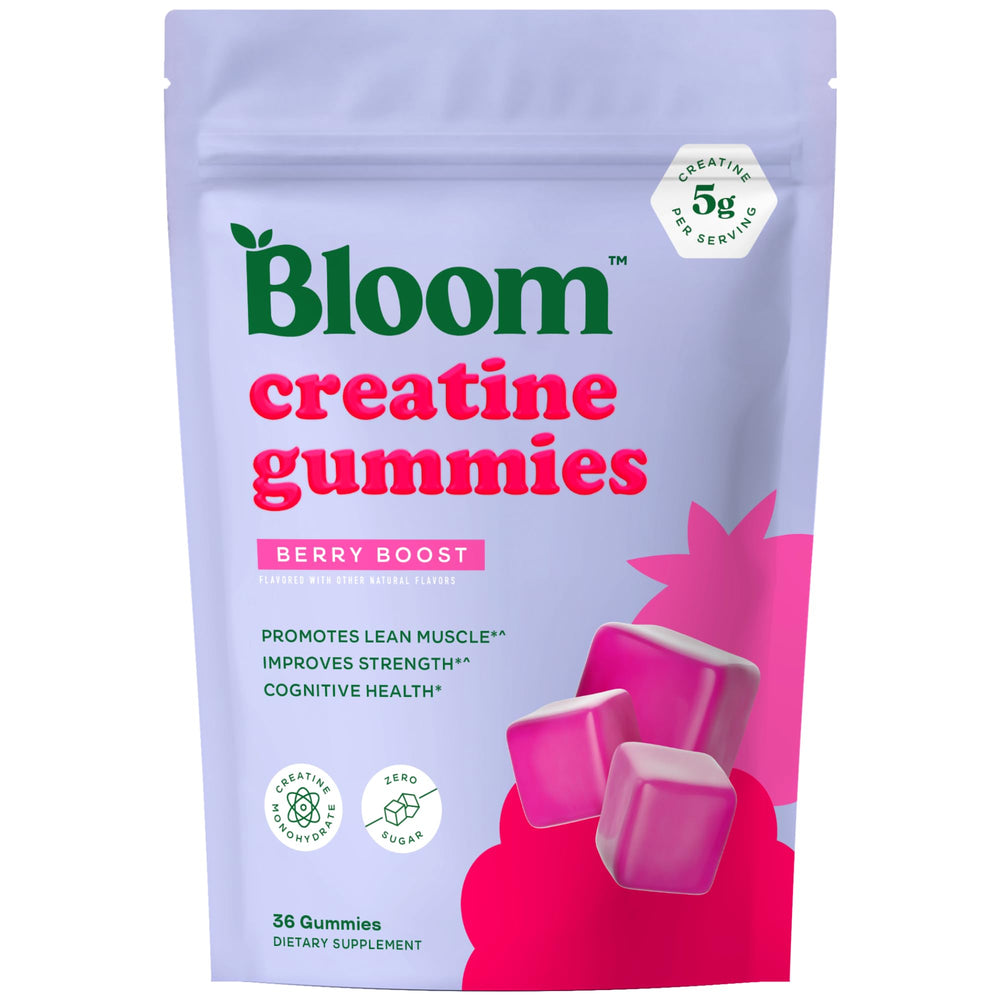 Bloom Nutrition Creatine Gummies Berry Boost bottle shows convenient daily energy support.