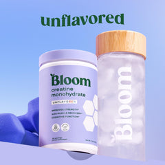 Unflavored Bloom Nutrition Creatine Monohydrate dissolves smoothly in a drink after mixing.