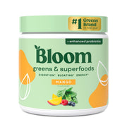 Bloom Nutrition greens powder bottle front highlighting mango flavor for daily wellness.