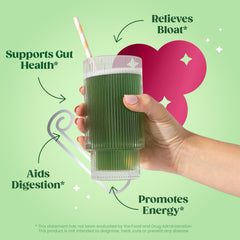 Blended bloom greens drink in a glass ready for a refreshing wellness sip.