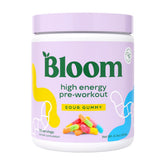 Bloom Nutrition High Energy Pre Workout Sour Gummy powder in tub ready to mix for an energy boost.