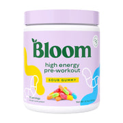 Bloom Nutrition High Energy Pre Workout Sour Gummy powder in tub ready to mix for an energy boost.