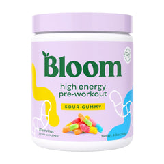 Bloom Nutrition High Energy Pre Workout Sour Gummy powder in tub ready to mix for an energy boost.