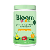Bloom Nutrition greens powder bottle showcasing tropical punch flavor for kids.