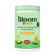 Bloom Nutrition greens powder bottle showcasing tropical punch flavor for kids.