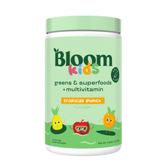 Bloom Nutrition greens powder bottle showcasing tropical punch flavor for kids.