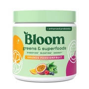 Bloom Nutrition greens powder packaging shows orange passionfruit flavor and daily greens benefits.