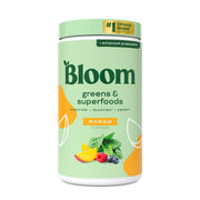 Bloom Nutrition greens powder tub front with mango flavor for daily greens