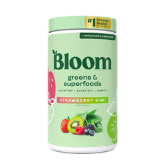 Bloom Nutrition greens powder in a tub ready to mix for daily gut support