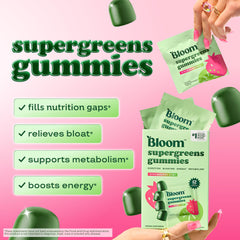 Bloom Nutrition Super Greens Gummies bottle, easy daily greens with fiber for digestion.