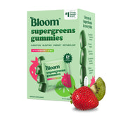 Bloom Nutrition Super Greens Gummies box front, strawberry kiwi flavor, convenient daily chew.
