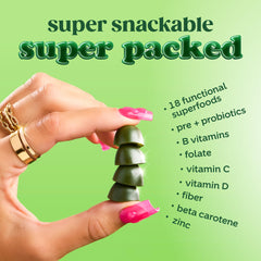 Close-up of Bloom Super Greens Gummies nutrition label, featuring probiotics and vitamins.