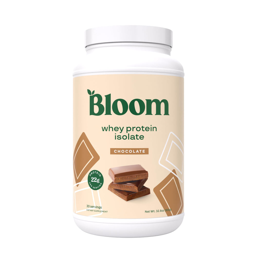 Bloom Nutrition whey isolate chocolate powder tub for clean protein in post-workout recovery.