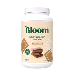 Bloom Nutrition whey isolate chocolate powder tub for clean protein in post-workout recovery.
