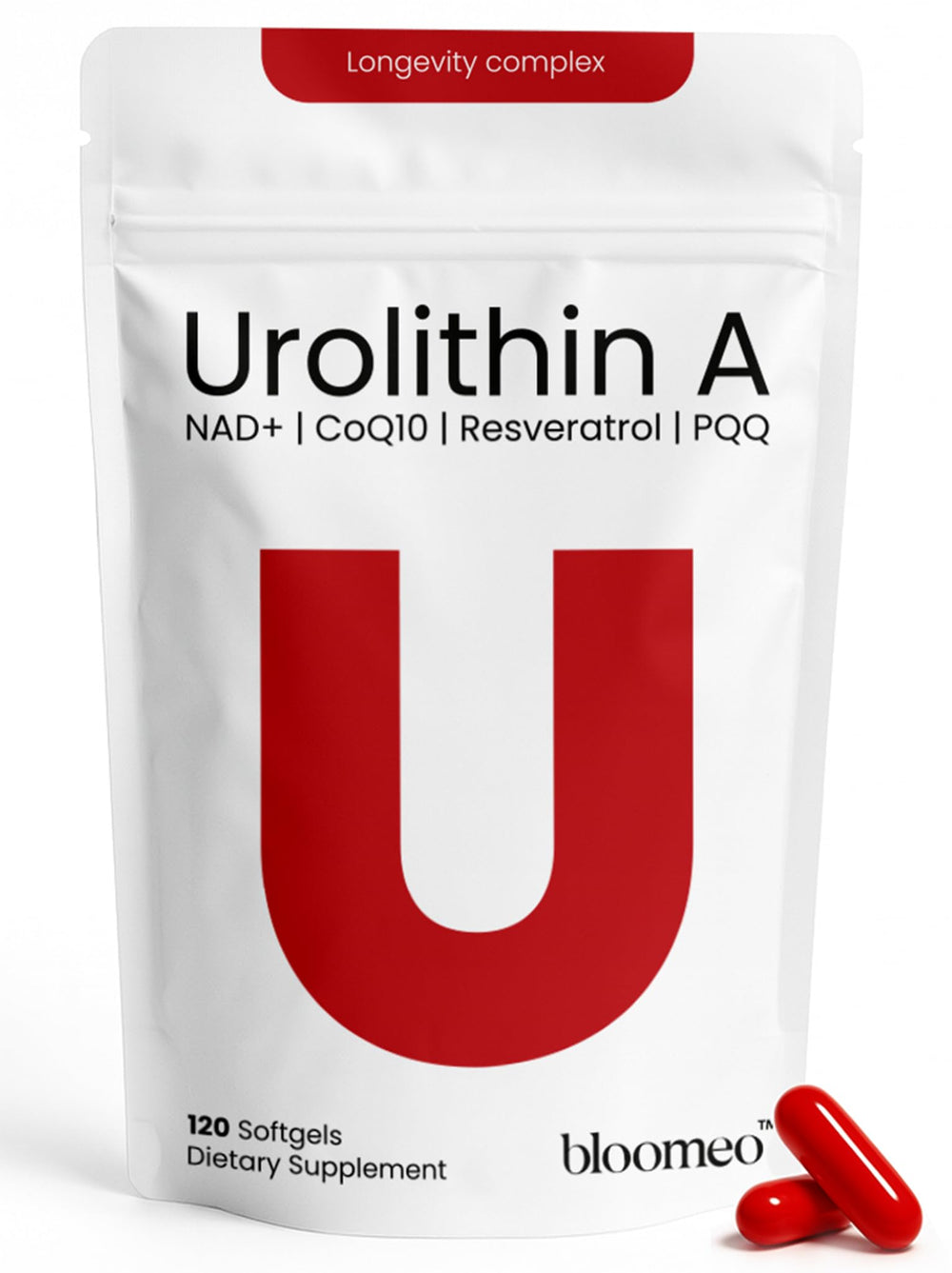 Bloomeo Urolithin A supplement bottle front, highlighting mitochondrial energy support and longevity potential.