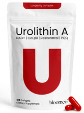 Bloomeo Urolithin A supplement bottle front, highlighting mitochondrial energy support and longevity potential.