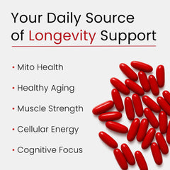 Bloomeo Urolithin A supplement dosage chart, illustrating NAD+ and PQQ energy synergy.