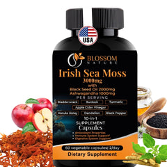 Blossom Nature 10-in-1 Irish Sea Moss bottle supports daily vitality with a full-spectrum blend
