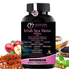 Blossom Nature Irish Sea Moss Gummies bottle highlighting 3000mg formula for daily vitality
