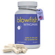 Blowfish Wingman bottle label illustrating liver-supportive recovery after drinking