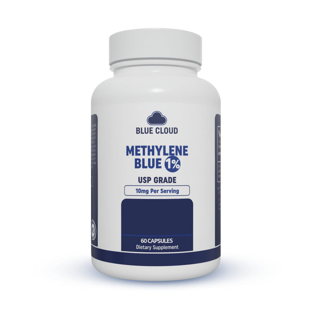 BLUE CLOUD Methylene Blue capsules bottle demonstrates pure, pharmaceutical-grade formula for cognitive support.