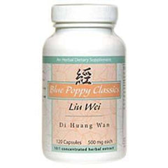 Blue Poppy Liu Wei Di Huang Wan bottle, 120 capsules, for daily wellness support.