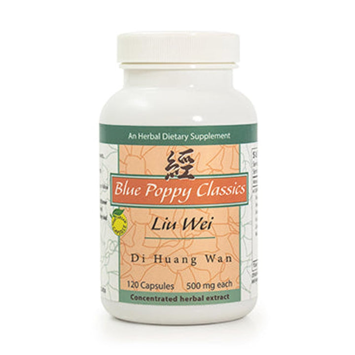 Blue Poppy Zhi Bai Di Huang Wan bottle on a wooden surface for daily balance.