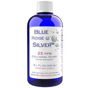 Blue Ridge Silver 25 ppm bottle 8 oz close-up, supports immune function with a salt-free formula.