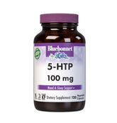 Bluebonnet 5-HTP capsules on bottle label, mood and sleep support.