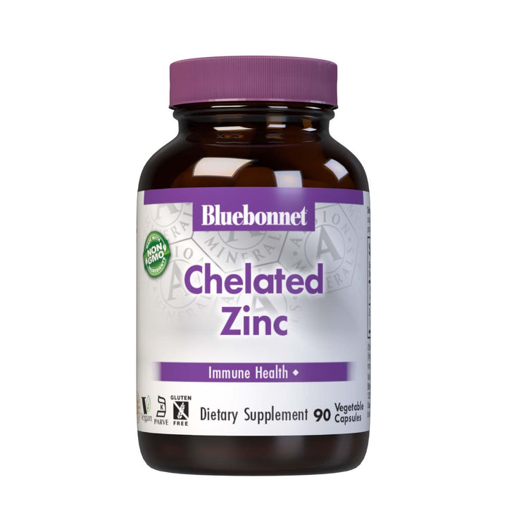BlueBonnet Albion Zinc Bisglycinate capsules for immune support and enzyme function.