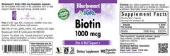 Bluebonnet Biotin 1000 mcg bottle shows vegan, allergen-friendly supplement for daily use.