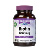 Bluebonnet Biotin 1000 mcg vegetable capsules promote healthy hair and nails.