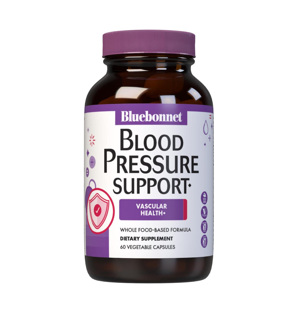 BlueBonnet Blood Pressure Support bottle front with capsules for vascular wellness.