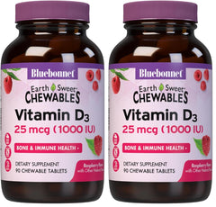 Bluebonnet EarthSweet Vitamin D3 raspberry chewable bottle promotes bone and immunity support
