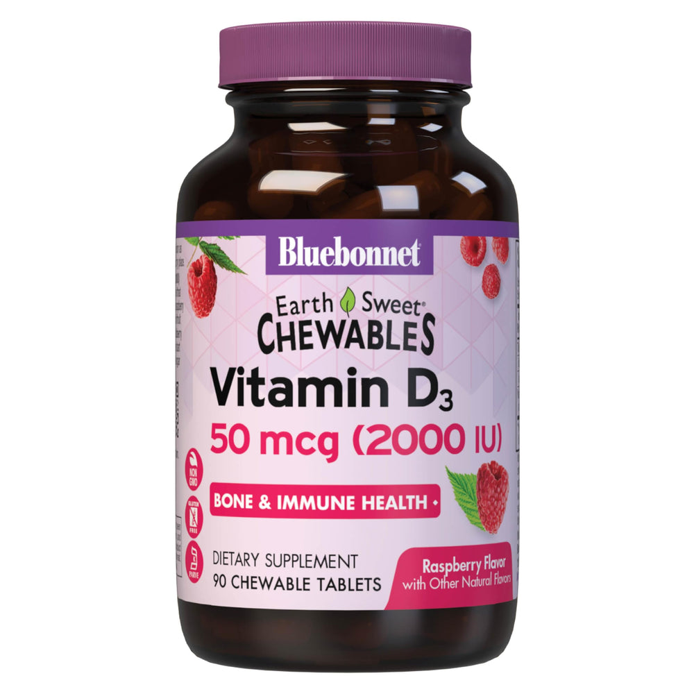 Bluebonnet EarthSweet Vitamin D3 2000 IU chewable raspberry bottle for easy daily support
