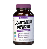 Bluebonnet L-Glutamine powder bottle supports workout recovery and immune health.