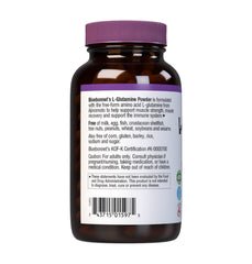 Bluebonnet L-Glutamine powder packaging emphasizes vegan, allergen-free formula.