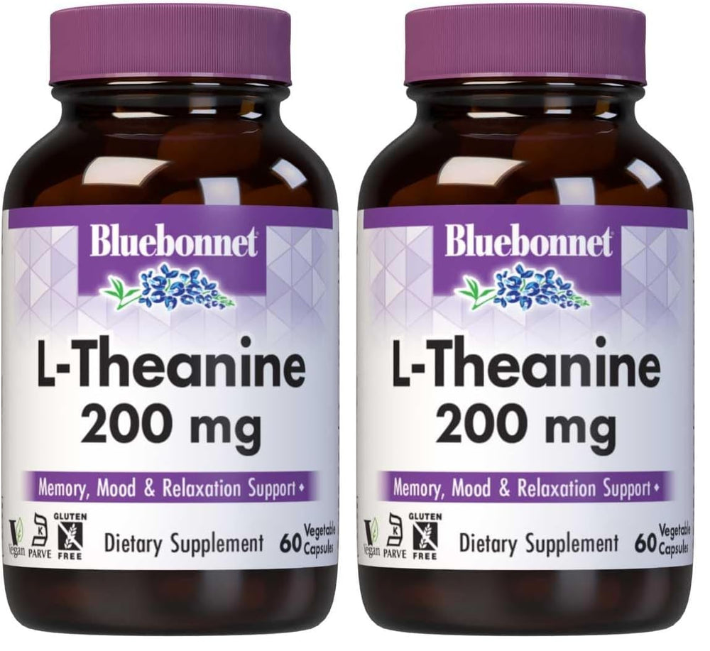 BlueBonnet L-Theanine 200mg bottle promotes relaxed focus.