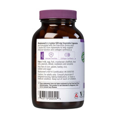 BlueBonnet L-Lysine 500mg packaging display emphasizes vegan, kosher, soy-free features for clean supplement choice.