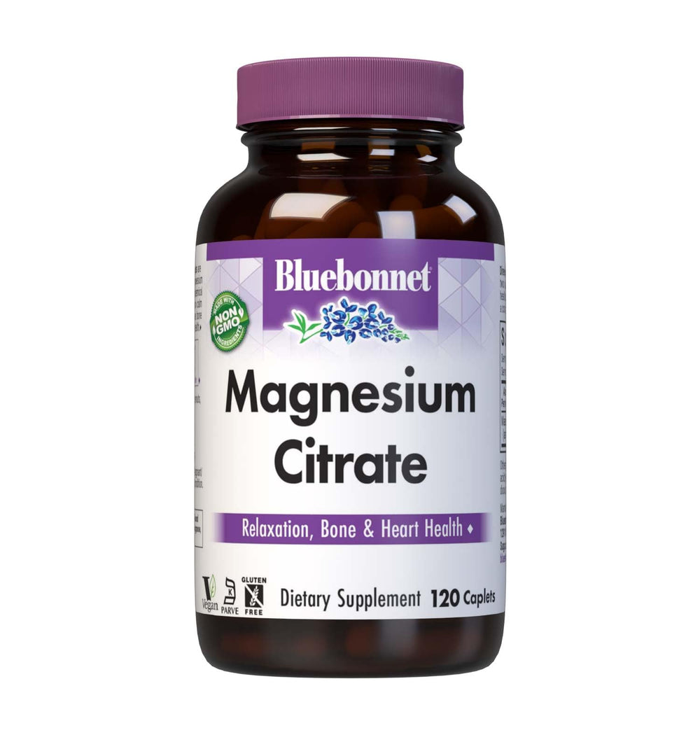 BlueBonnet Magnesium Citrate caplets bottle pour for steady energy and calm.