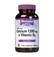 Bluebonnet Milk-Free Calcium softgels bottle highlights high potency calcium for bone support.