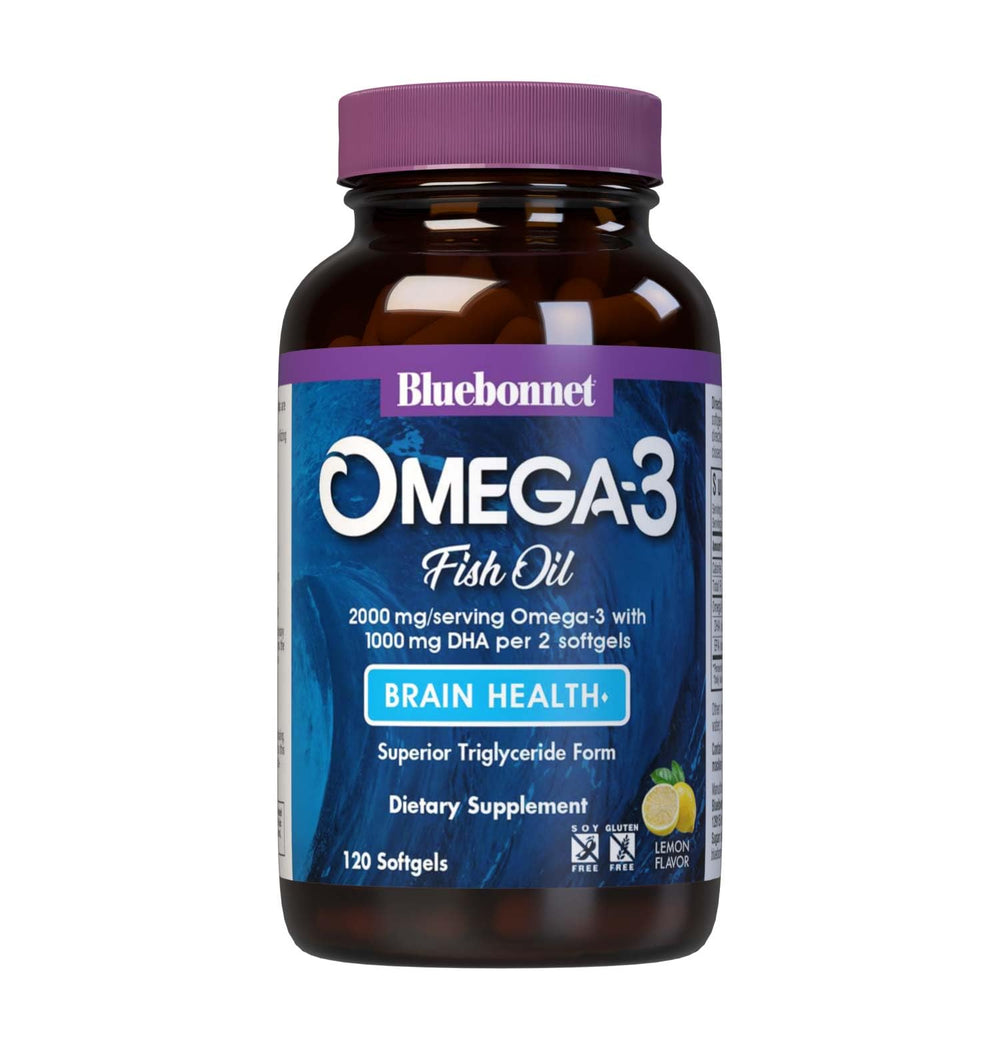 BlueBonnet Omega-3 Brain Formula lemon bottle delivering burpless, easy daily intake.