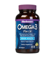 BlueBonnet Omega-3 Brain Formula lemon bottle delivering burpless, easy daily intake.